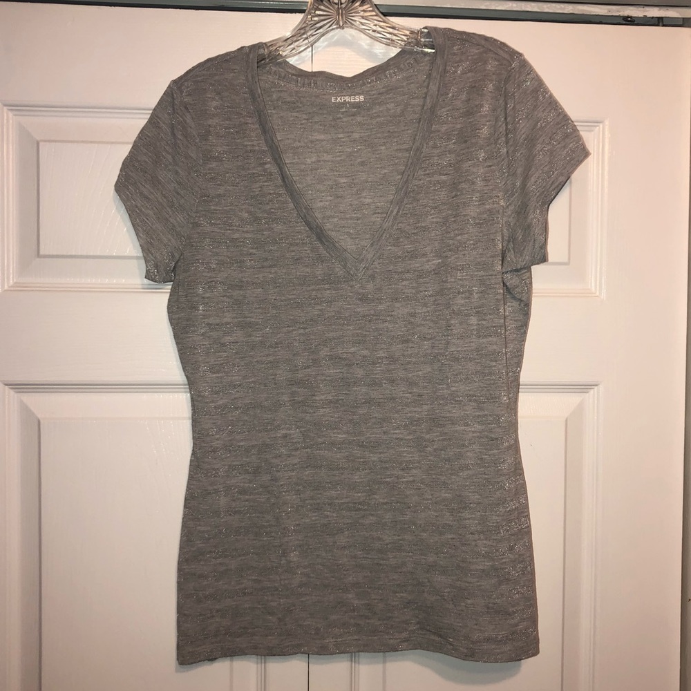 Express Gray Metallic V-Neck Sexy Basic Tee Sz L